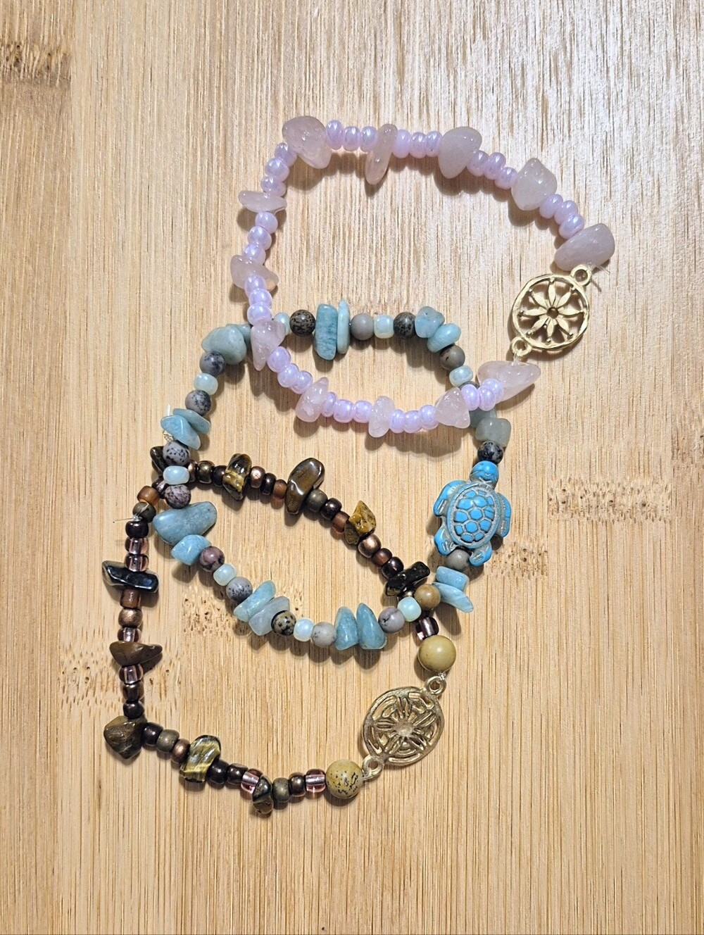 Gemstone Bracelet Set - Tiger's Eye Rose Quartz Jasper Amazonite - Handmade